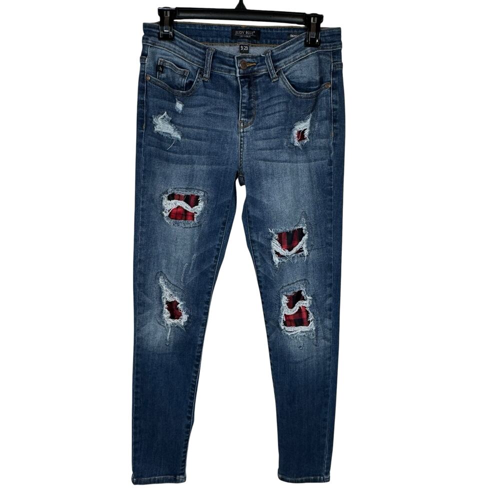 Judy Blue SZ 9/29 Skinny Fit Jeans Distressed Buffalo Plaid Patches Stretch Blue